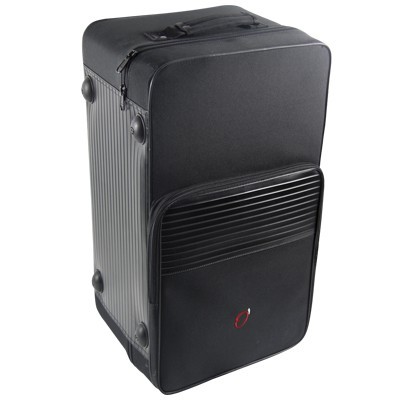 Mala de viagem preta com bolso frontal e estrutura rígida nas laterais