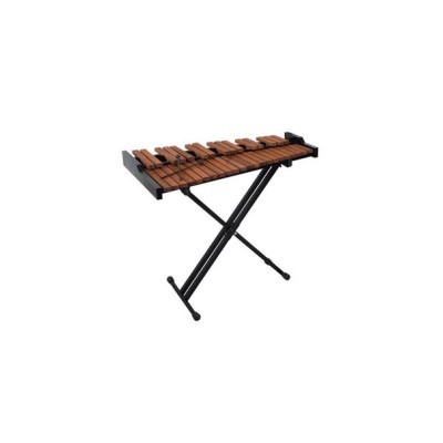 Marimba de madeira com teclas marrons numa estrutura preta.