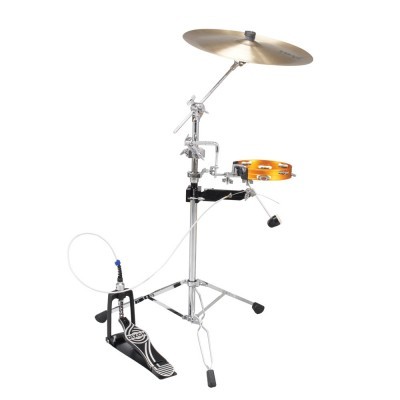 Bateria de percussão com prato, tamborim e pedal em tripé metálico