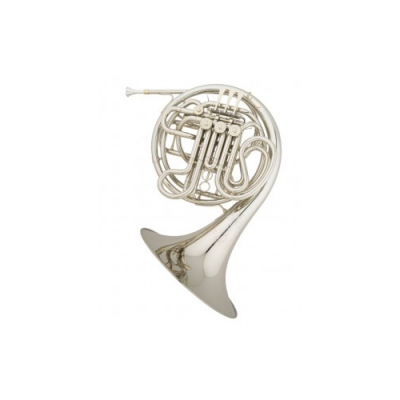 Trompa prateada com tubos e válvulas em fundo branco