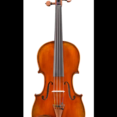 Violino castanho de madeira com quatro cordas e queixeira