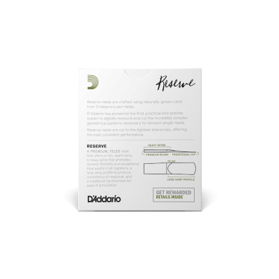 Embalagem branca de cordas D'Addario Reserve com texto e diagrama