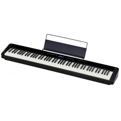 Piano digital preto com 88 teclas e suporte para partituras