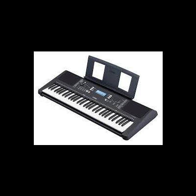 Teclado eletrónico preto com 61 teclas e suporte para partituras