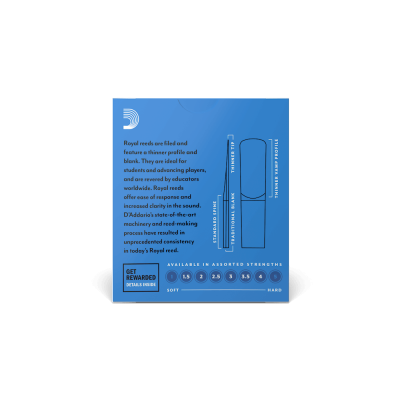 Embalagem azul de palhetas para instrumentos de sopro com texto em inglês e ilustração de palheta