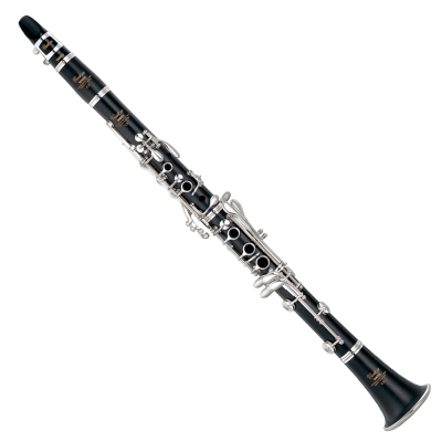 Clarinete preto com detalhes metálicos prateados