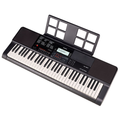 Teclado elétrico Yamaha preto com 61 teclas e suporte para partitura