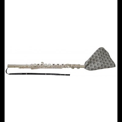 Flauta prateada com capa cinzenta e padrão geométrico.