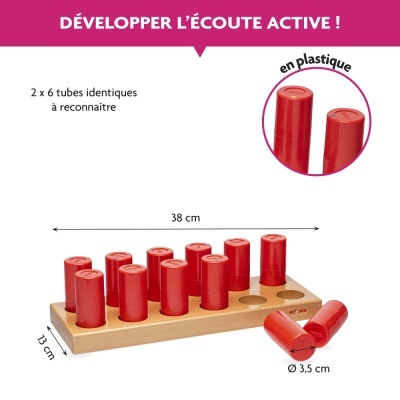 Conjunto de 12 tubos plásticos vermelhos em suporte de madeira com dimensões e texto explicativo em francês