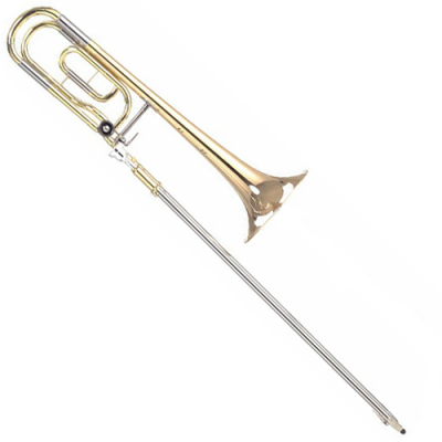 Trombone dourado e prateado em fundo branco