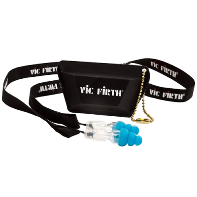 protetores auriculares azuis Vic Firth com caixa preta e fita preta de pendurar