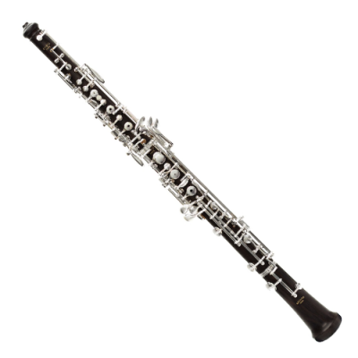 Clarinete preto com detalhes metálicos prateados em fundo branco