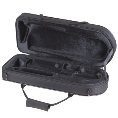 Estojo aberto para violino forrado a veludo preto com alça de transporte.
