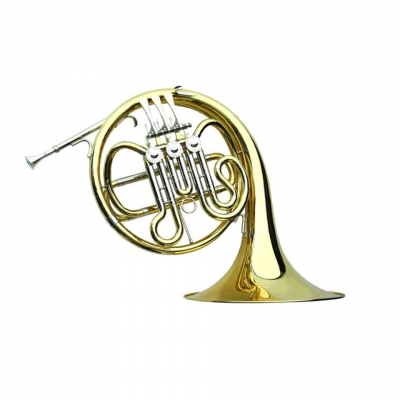 Trompa dourada com pistões prateados em fundo branco