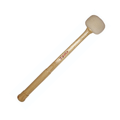 Marreta musical com cabo de madeira clara e cabeça felpuda branca, etiqueta Crescente