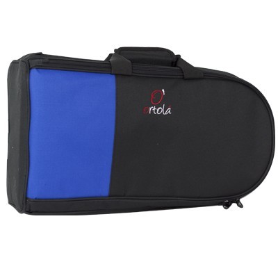 Estojo de instrumento musical preto e azul com logótipo ortola