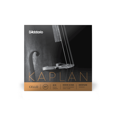 Embalagem de cordas para violoncelo D'Addario Kaplan com texto KAPLAN, CELLO SET, 4/4 SCALE LENGTH, K 5510 4/4M, SOLID STEEL STRING CORE, MEDIUM TENSION