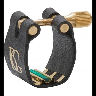 Abraçadeira preta e dourada para instrumento musical com parafuso e detalhes verdes