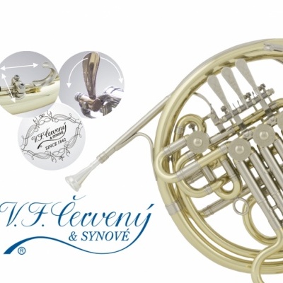 Trompa francesa dourada com escrita 'V.F. Červený & SYNOVÉ' e 'Since 1842'