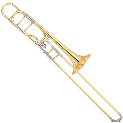 Trombón dourado e prateado em fundo branco