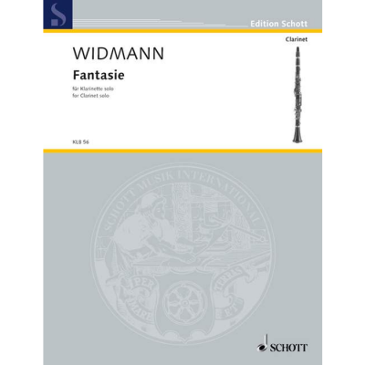 Partitura musical Widmann Fantasie para clarinete solo com fundo cinzento e selo em relevo