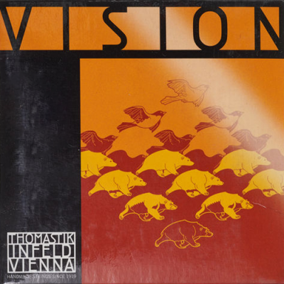 Embalagem com ilustrações de pássaros e raposas e texto VISON e THOMASTIK INFELD VIENNA