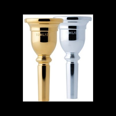 Dois bocal para instrumentos de metal dourado e prateado com gravação SCHILKE