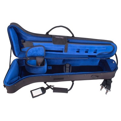 Estojo rígido preto com interior azul para violino, aberto, mostrando compartimentos e alça.