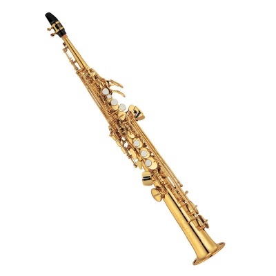 Saxofone soprano dourado em fundo branco