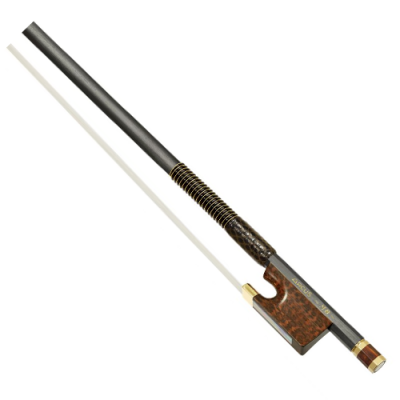 Arco para violino de madeira escura com fio dourado enrolado e texto Tours Europe 2016