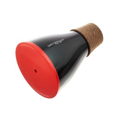 Abafador de trompete preto com base vermelha e tampa de cortiça