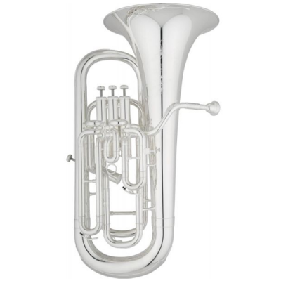 Tuba de metal prateado com três pistões e campânula larga