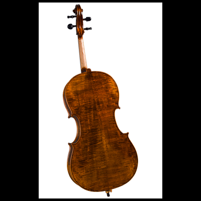 Violoncelo de madeira castanho com acabamento acetinado e textura visível.