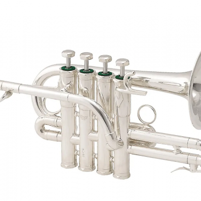 Trompete prateado com quatro válvulas e botões verdes