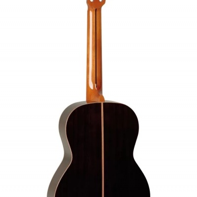 Guitarra clássica vista de trás com acabamento em madeira escura e braço claro