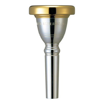 Bocal para instrumento com parte superior dourada e corpo prateado com texto gravado.