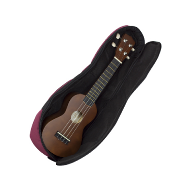 Ukulele em madeira dentro de capa almofadada preta e vermelha