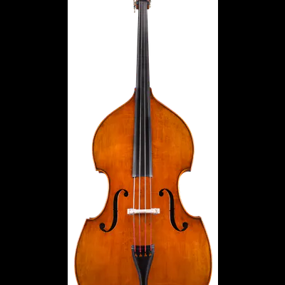 Contrabaixo acústico de madeira castanha com cordas pretas e vermelhas