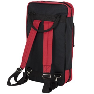 Mochila bicolor preta e vermelha vista de trás com alças ajustáveis