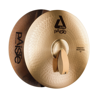 Par de pratos de percussão dourados com textos ALPHA, pAiStE, CONCERT / MARCHING 18