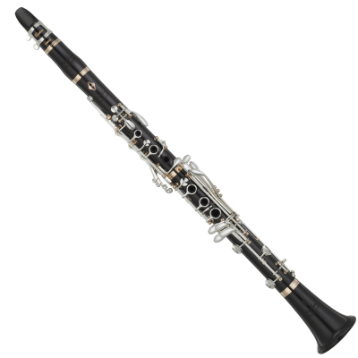 Clarinete preto com detalhes metálicos prateados e dourados