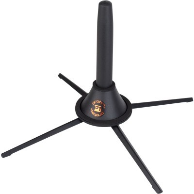 Suporte tripé para instrumento musical preto com haste vertical acolchoada e logotipo laranja Prof