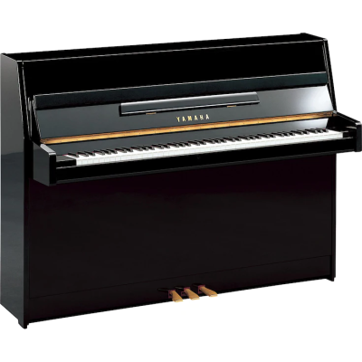 Piano vertical preto Yamaha com três pedais dourados