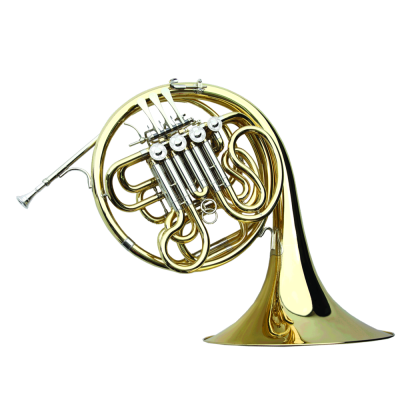 Trompa dourada com válvulas prateadas sobre fundo branco