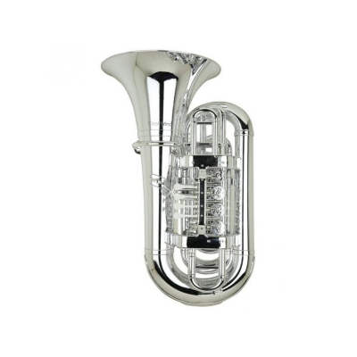 Instrumento musical de metal prateado sobre fundo branco