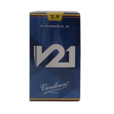 Caixa azul de palhetas para clarinete Vandoren Paris com detalhes em amarelo e branco