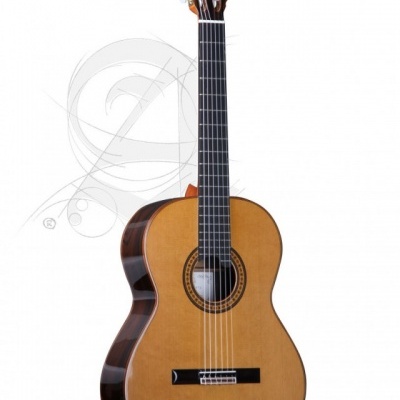 Guitarra clássica de madeira com fundo branco e linhas decorativas cinzentas