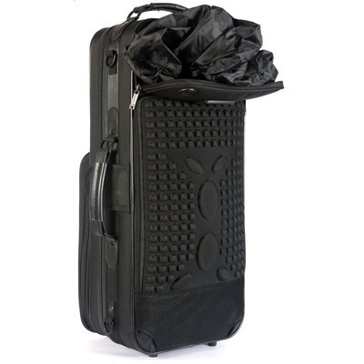 Mala de viagem rígida preta com painel frontal texturizado e tecido preto no topo