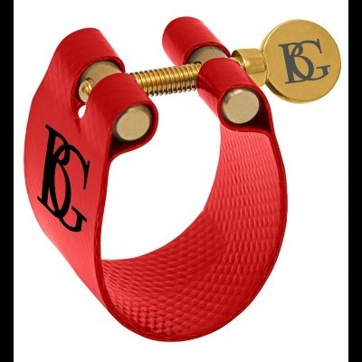 Abraçadeira vermelha para instrumento musical com parafuso dourado e logótipo BG