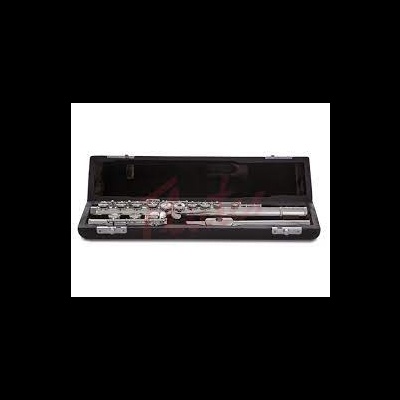 Flauta prateada em caixa preta forrada a vermelho escuro